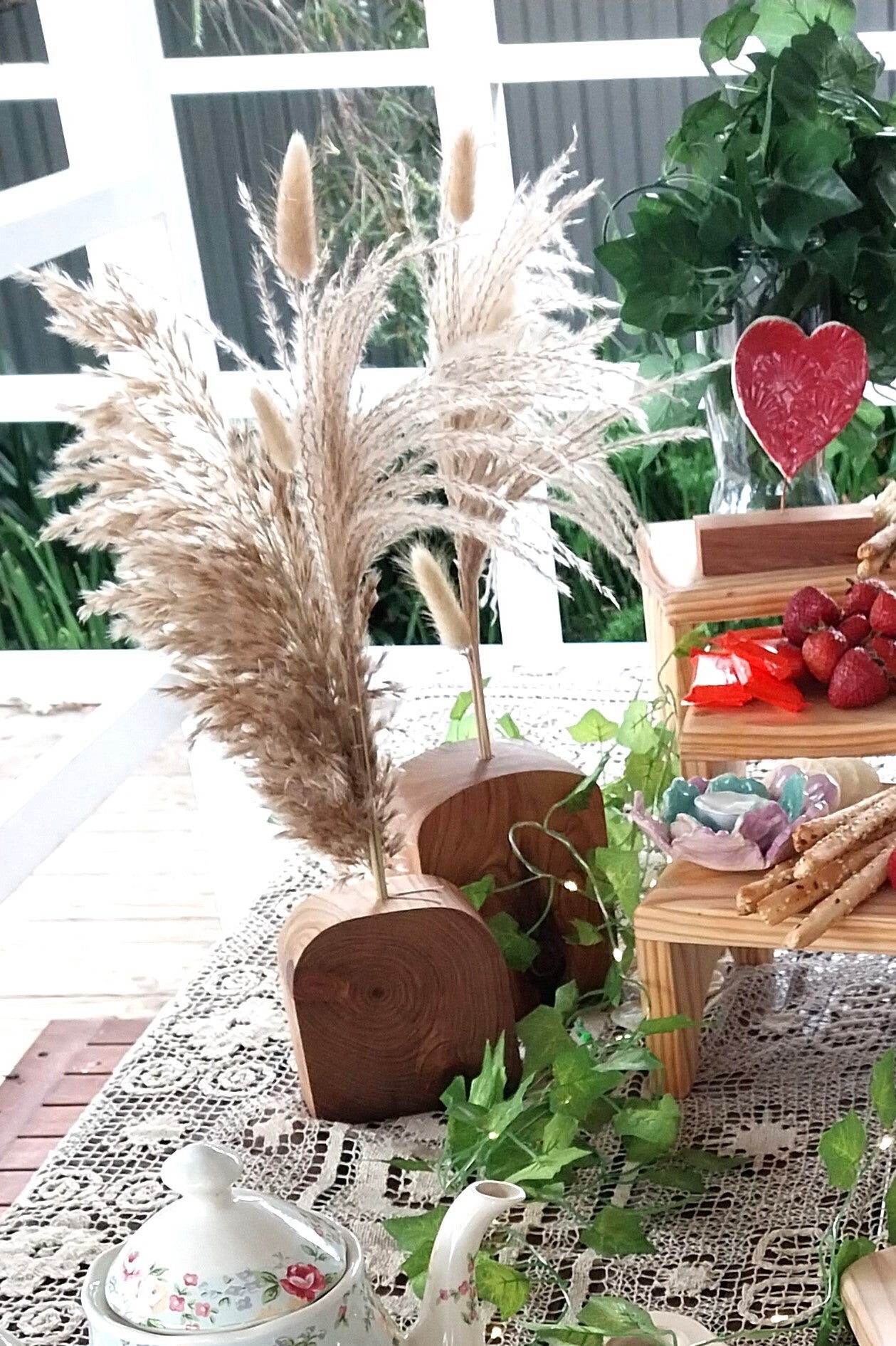 Wooden Vase with Boho Pampas Grass