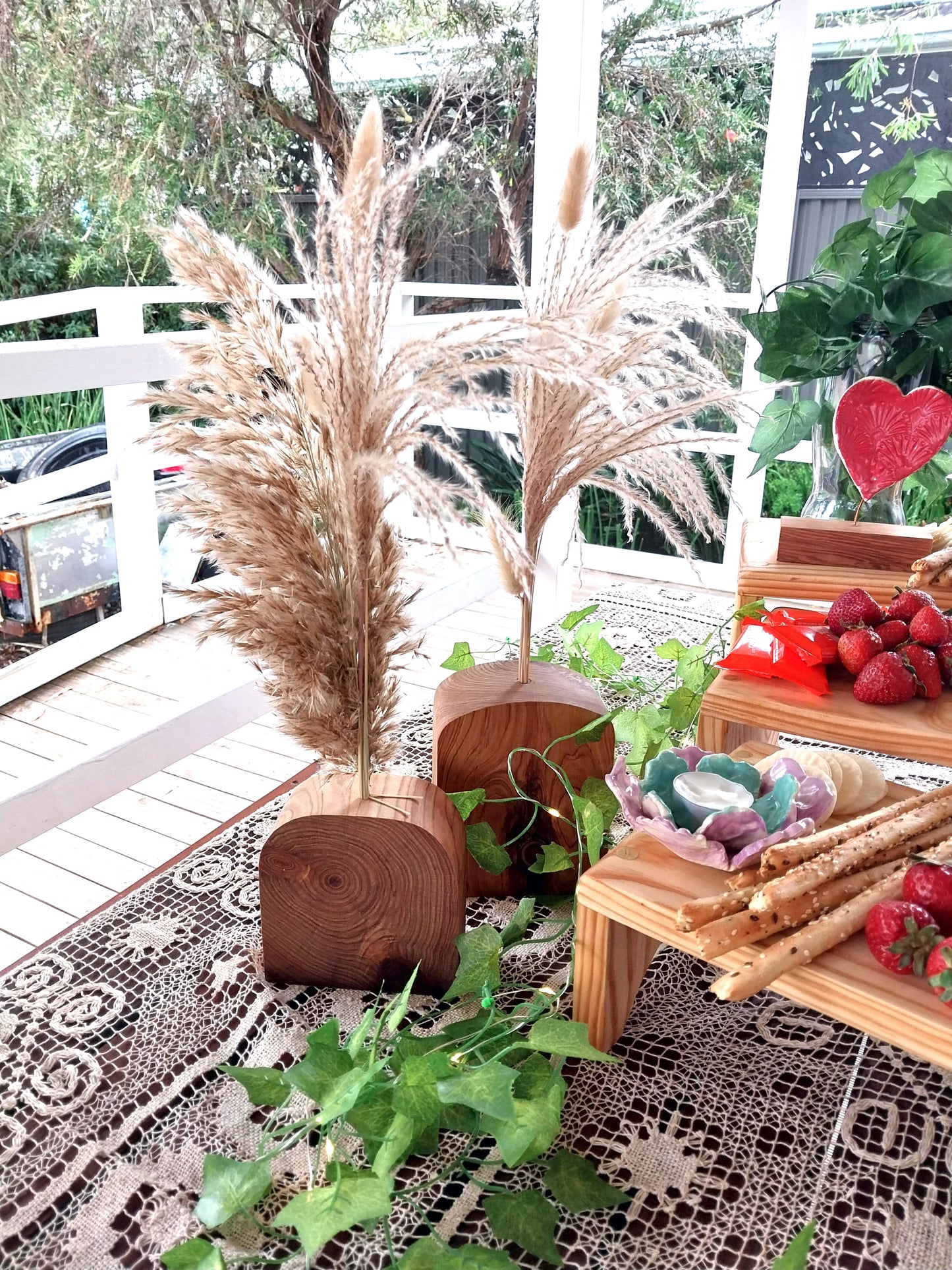Wooden Vase with Boho Pampas Grass