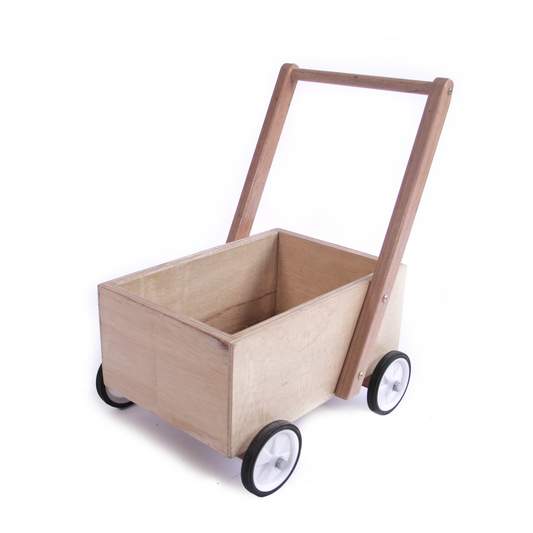 Wooden push cart with 4 wheels.